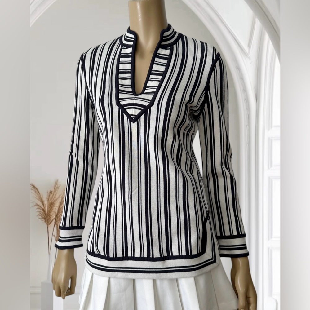 Tory Burch Black and Ivory Cotton Striped Knit Tunic - Picture 3 of 14
